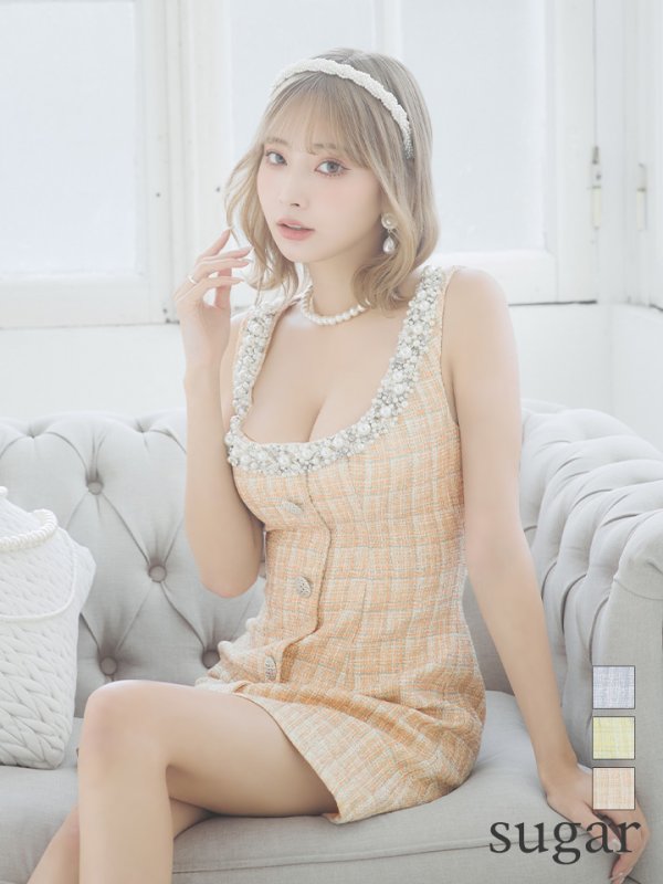 画像1: 訳あり商品☆一部ビジュー取れ☆【ANGEL R/エンジェルアール】チェックツイード/ バストパールビジュー/ フロントボタン/ フレア/ ミニドレス/ キャバドレス[OF2] (1)