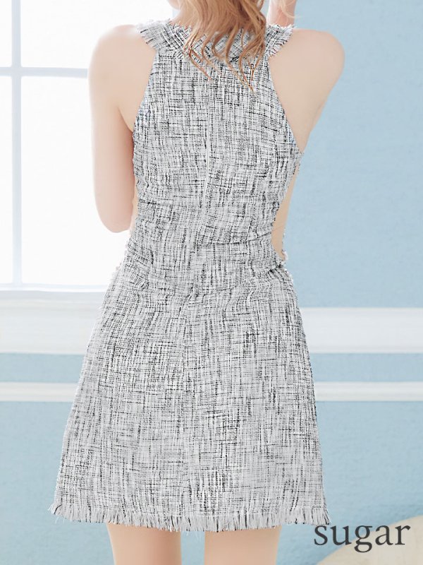 画像9: XSサイズあり【ANGEL R/エンジェルアール】チェックツイード/ デコルテビジューチェーン/ カットオフ/ ホルター/ アメスリ/ フレア/ ミニドレス/ キャバドレス[OF2] (9)