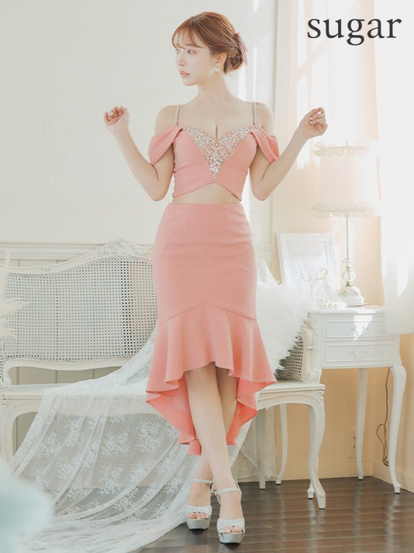 画像8: XSサイズあり【ANGEL R/エンジェルアール】バストフラワーレース/ ビジュー/ セパレート/ オフショル/ マーメイド/ ミディアムドレス/ キャバドレス[OF2] (8)