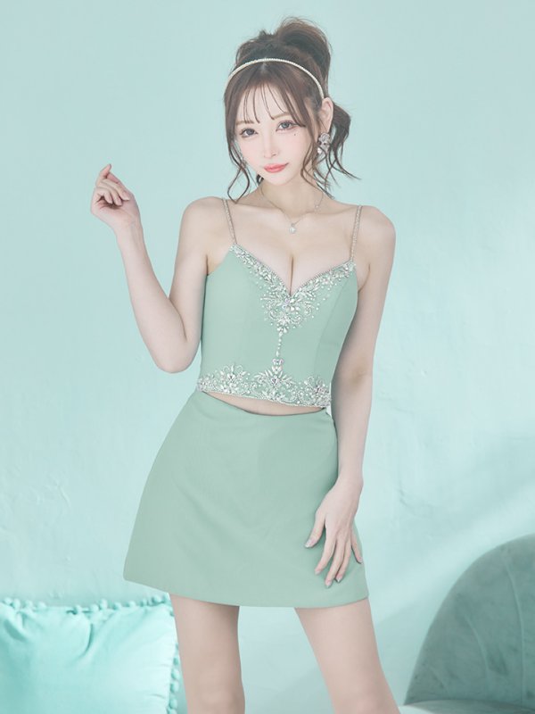 画像2: XSサイズあり【ANGEL R/エンジェルアール】アッパーフロントビジュー/ セパレート/ キャミソール/ セットアップ/ 台形スカート/ ミニドレス/ キャバドレス[OF2] (2)