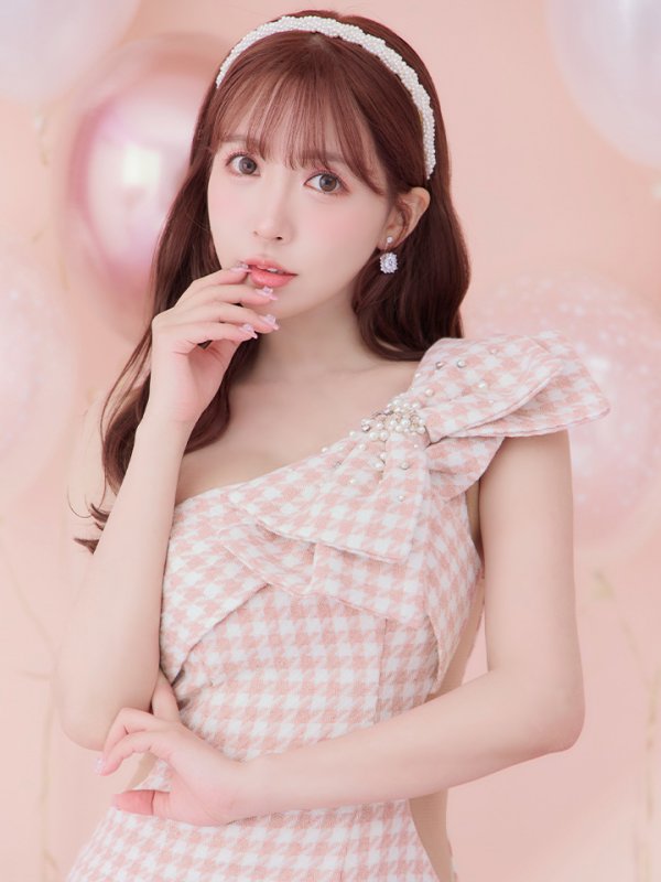 画像17: sugarコラボ商品☆XSサイズあり【ANGEL R/エンジェルアール】ワンショルダー/ 千鳥柄/ ツイード/ ビッグリボンパールビジュー/ タイト/ ミニ/ キャバドレス[OF2] (17)