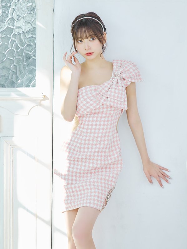画像3: sugarコラボ商品☆XSサイズあり【ANGEL R/エンジェルアール】ワンショルダー/ 千鳥柄/ ツイード/ ビッグリボンパールビジュー/ タイト/ ミニ/ キャバドレス[OF2] (3)
