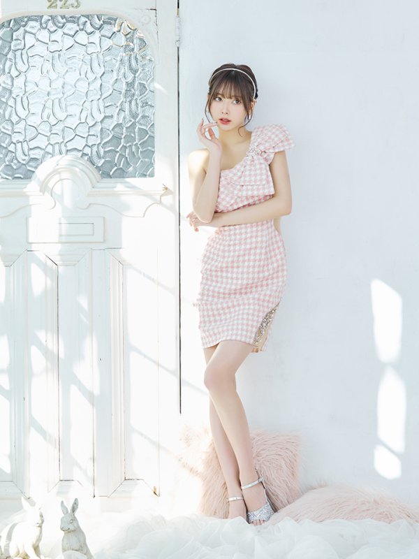 画像5: sugarコラボ商品☆XSサイズあり【ANGEL R/エンジェルアール】ワンショルダー/ 千鳥柄/ ツイード/ ビッグリボンパールビジュー/ タイト/ ミニ/ キャバドレス[OF2] (5)