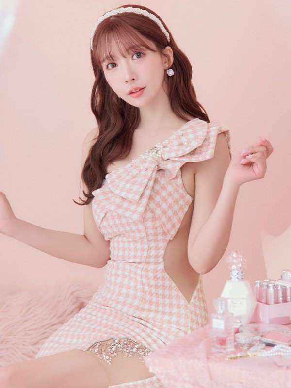 画像20: sugarコラボ商品☆XSサイズあり【ANGEL R/エンジェルアール】ワンショルダー/ 千鳥柄/ ツイード/ ビッグリボンパールビジュー/ タイト/ ミニ/ キャバドレス[OF2] (20)