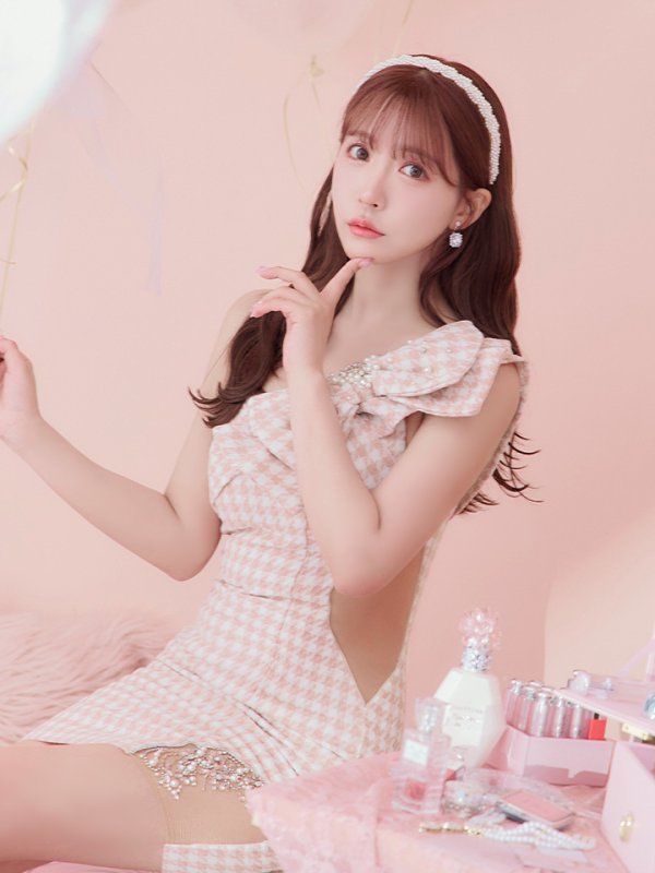 画像21: sugarコラボ商品☆XSサイズあり【ANGEL R/エンジェルアール】ワンショルダー/ 千鳥柄/ ツイード/ ビッグリボンパールビジュー/ タイト/ ミニ/ キャバドレス[OF2] (21)