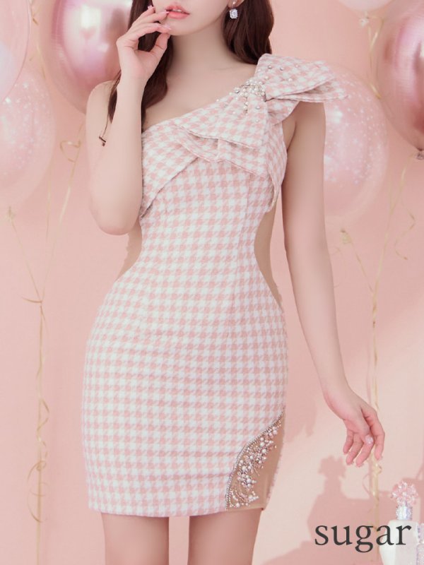 画像23: sugarコラボ商品☆XSサイズあり【ANGEL R/エンジェルアール】ワンショルダー/ 千鳥柄/ ツイード/ ビッグリボンパールビジュー/ タイト/ ミニ/ キャバドレス[OF2] (23)