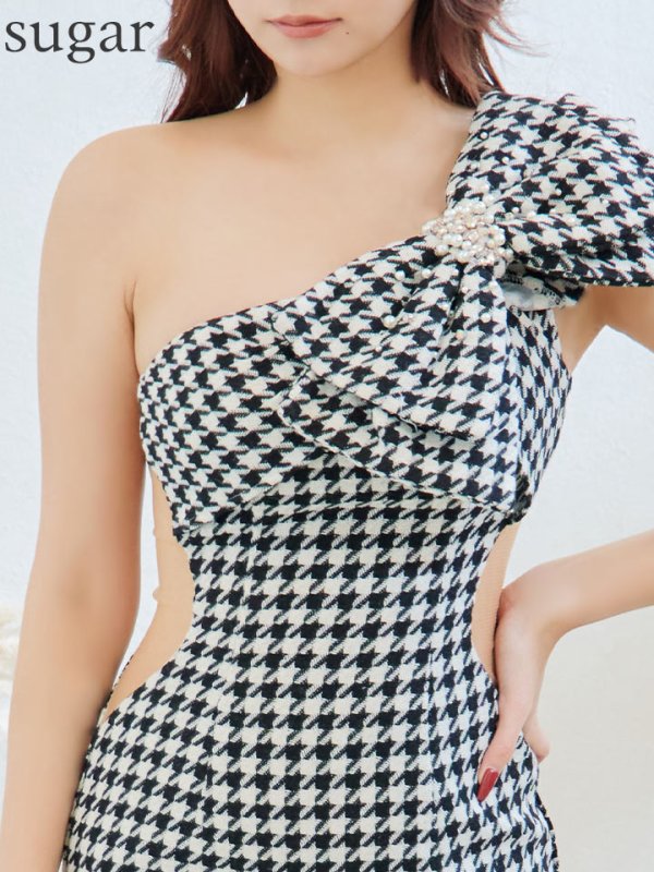 画像33: sugarコラボ商品☆XSサイズあり【ANGEL R/エンジェルアール】ワンショルダー/ 千鳥柄/ ツイード/ ビッグリボンパールビジュー/ タイト/ ミニ/ キャバドレス[OF2] (33)