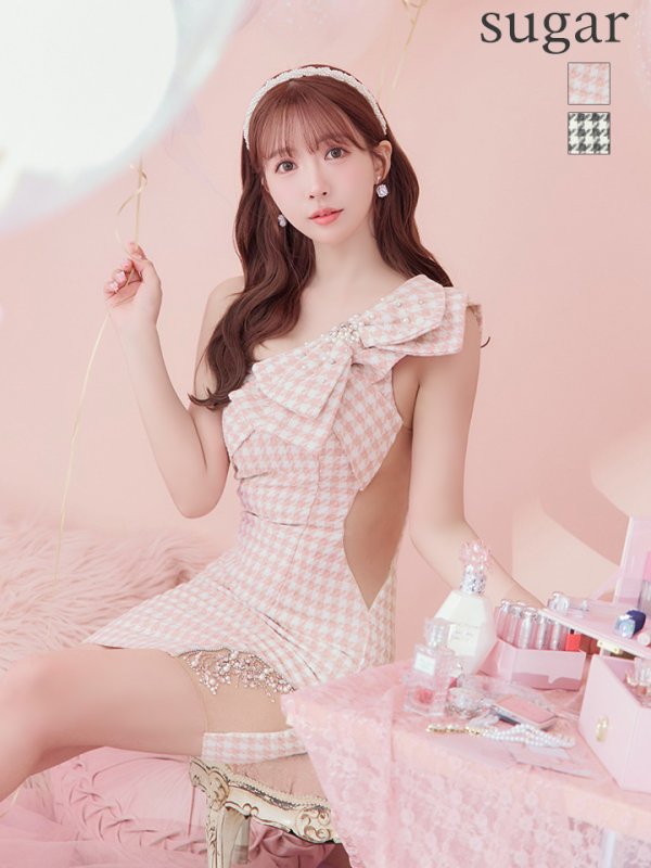 XSサイズあり【Angel R/エンジェルアール】チェック柄/ ツイード/ ワンショル/ リボン/ ビジュー/ シアー/ タイト/ ミニ/ キャバドレス ピンク