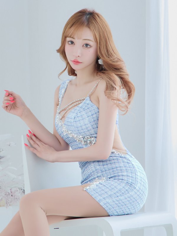 画像5: sugarコラボ商品☆XSサイズあり【ANGEL R/エンジェルアール】フロントパールビジュー/ アシンメトリーショルダー/ チェック/ ツイード/ キャミソール/ タイト/ ミニドレス/ キャバドレス[OF2] (5)