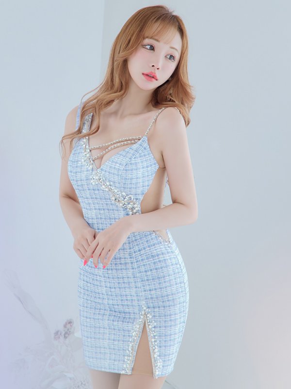 画像6: sugarコラボ商品☆XSサイズあり【ANGEL R/エンジェルアール】フロントパールビジュー/ アシンメトリーショルダー/ チェック/ ツイード/ キャミソール/ タイト/ ミニドレス/ キャバドレス[OF2] (6)