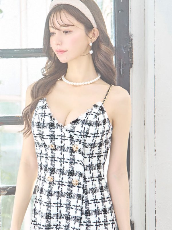 画像3: XSサイズあり【ANGEL R/エンジェルアール】チェックツイード/ ダブルデザイン/ ショルダーチェーン/ フレア/ ミニドレス/ キャバドレス[OF2] (3)