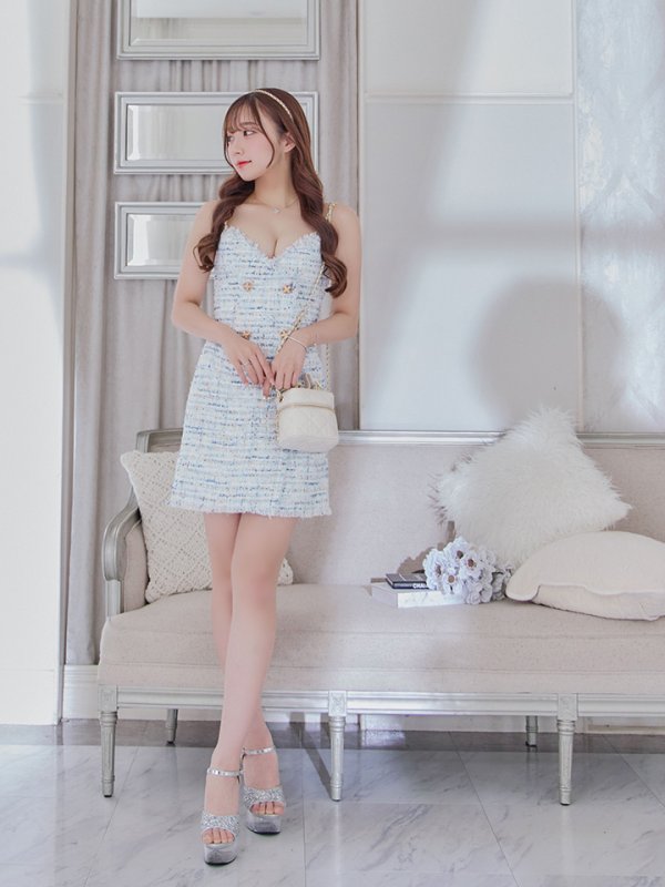 画像3: XSサイズあり【ANGEL R/エンジェルアール】チェックツイード/ ダブルデザイン/ ショルダーチェーン/ フレア/ ミニドレス/ キャバドレス[OF2] (3)