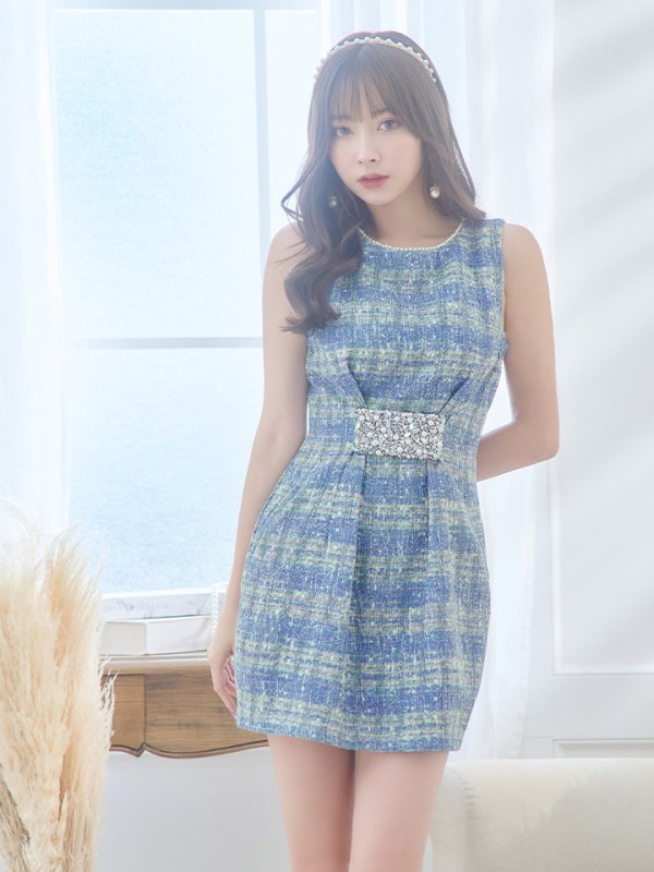 画像6: 【ANGEL R/エンジェルアール】ウエストタック/ ビジュー/ パール/ チェックツイード/ フレア/ ミニドレス/ キャバドレス[OF2] (6)