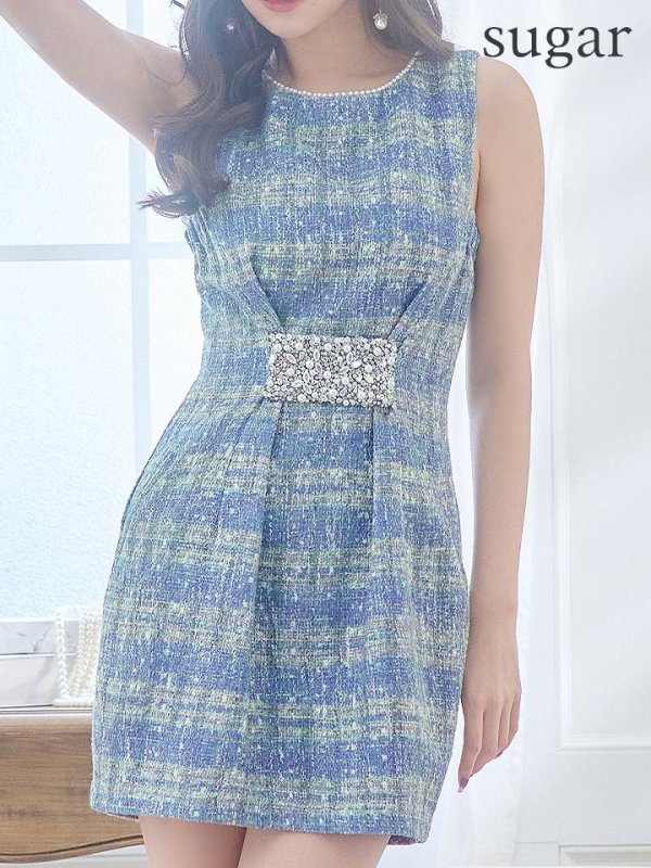 画像8: 【ANGEL R/エンジェルアール】ウエストタック/ ビジュー/ パール/ チェックツイード/ フレア/ ミニドレス/ キャバドレス[OF2] (8)