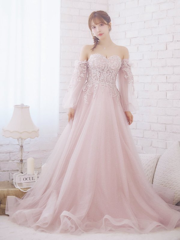 画像2: 【ANGEL R/エンジェルアール】ベア/袖あり/ オフショル/ フレアスリーブ/ フラワー刺繍/ ウェディング/ バースデー/ プリンセス/ フレア/ ロングドレス/ キャバドレスlong[HC03] (2)