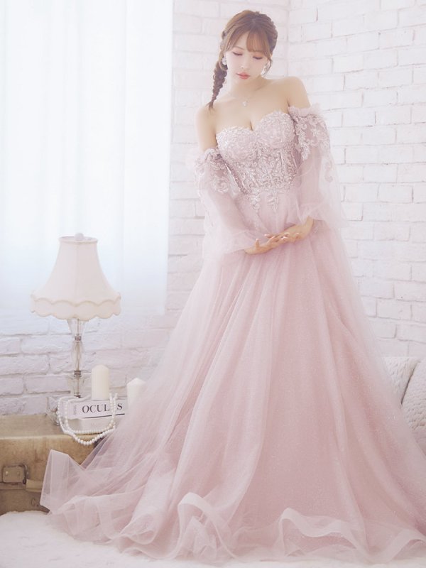 画像6: 【ANGEL R/エンジェルアール】ベア/袖あり/ オフショル/ フレアスリーブ/ フラワー刺繍/ ウェディング/ バースデー/ プリンセス/ フレア/ ロングドレス/ キャバドレスlong[HC03] (6)