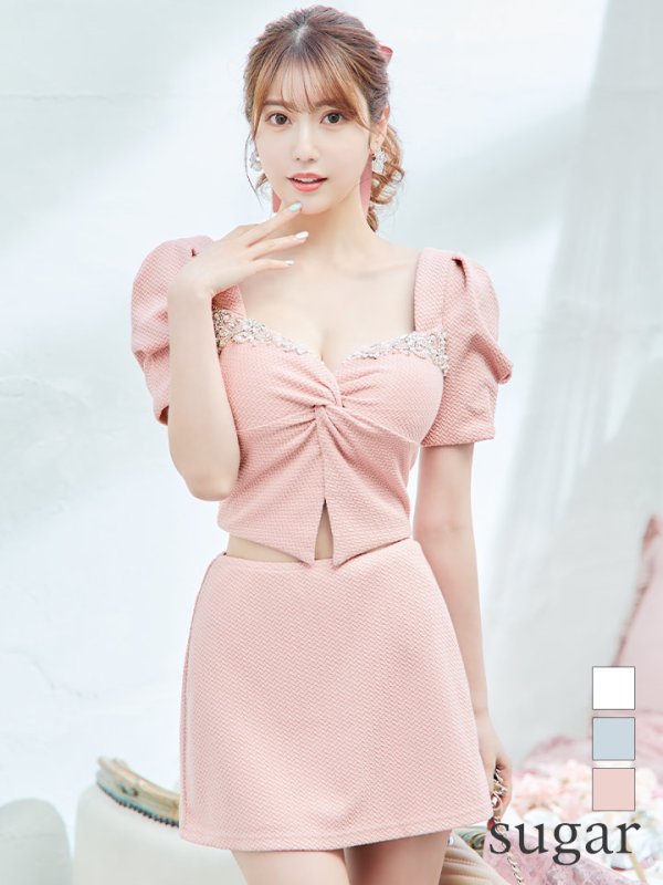 画像1: XSサイズあり【ANGEL R/エンジェルアール】バストビジュー/ クロスタック/ パフスリーブ/ セパレート/ マイクロミニ/ フレア/ミニドレス/ キャバドレス[OF2] (1)