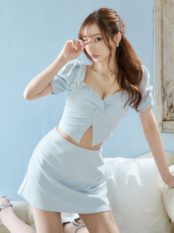 画像28: XSサイズあり【ANGEL R/エンジェルアール】バストビジュー/ クロスタック/ パフスリーブ/ セパレート/ マイクロミニ/ フレア/ミニドレス/ キャバドレス[OF2] (28)