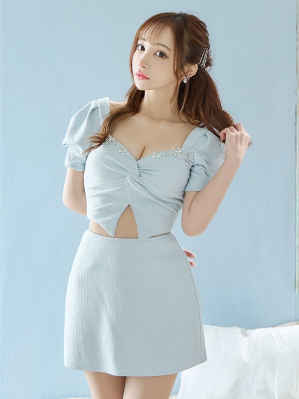 画像30: XSサイズあり【ANGEL R/エンジェルアール】バストビジュー/ クロスタック/ パフスリーブ/ セパレート/ マイクロミニ/ フレア/ミニドレス/ キャバドレス[OF2] (30)