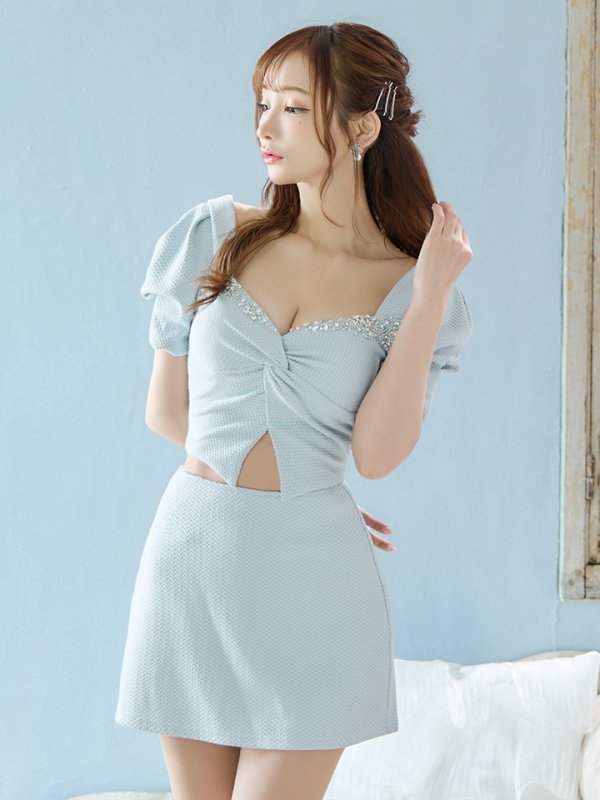 画像31: XSサイズあり【ANGEL R/エンジェルアール】バストビジュー/ クロスタック/ パフスリーブ/ セパレート/ マイクロミニ/ フレア/ミニドレス/ キャバドレス[OF2] (31)