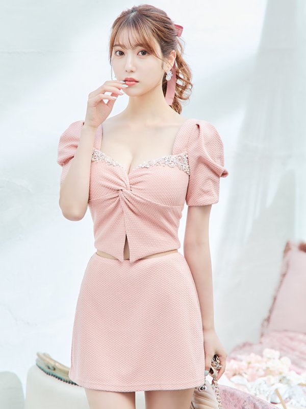 画像21: XSサイズあり【ANGEL R/エンジェルアール】バストビジュー/ クロスタック/ パフスリーブ/ セパレート/ マイクロミニ/ フレア/ミニドレス/ キャバドレス[OF2] (21)