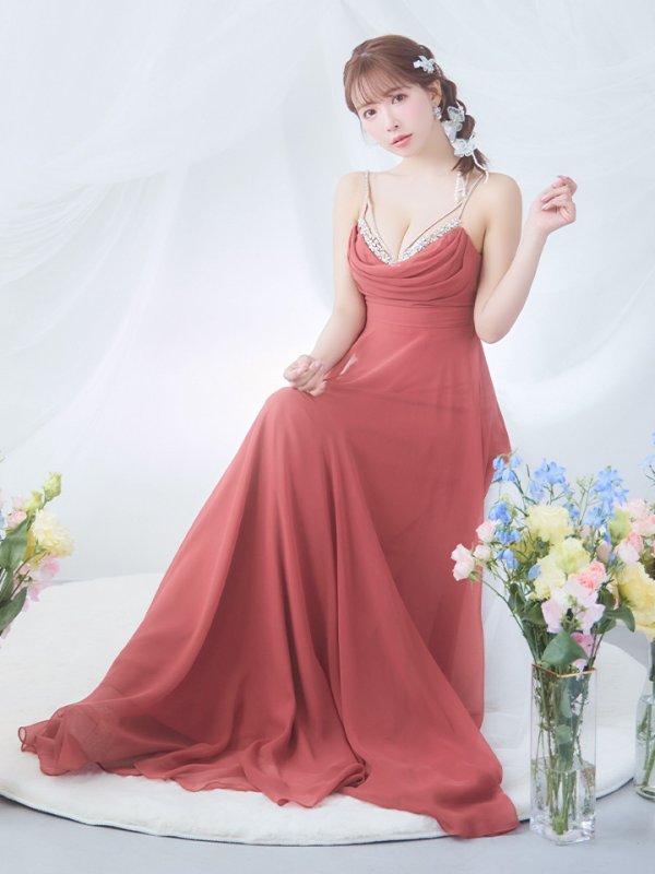 画像5: 【ANGEL R/エンジェルアール】バストビジュー/ ビーズ/ フロントタック/ キャミソール/ フレア/ ワンカラー/ ロングドレス/ キャバドレス long[OF2] (5)