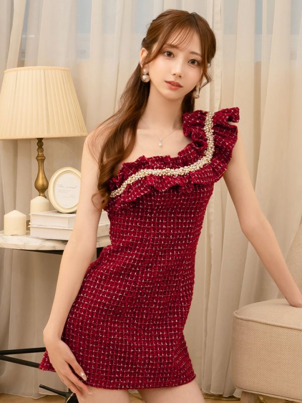 画像2: XSサイズあり【ANGEL R/エンジェルアール】ワンショル/ パール/ チェックツイード/ フリル/ Aライン/ フレア/ ミニドレス/ キャバドレス[OF2] (2)