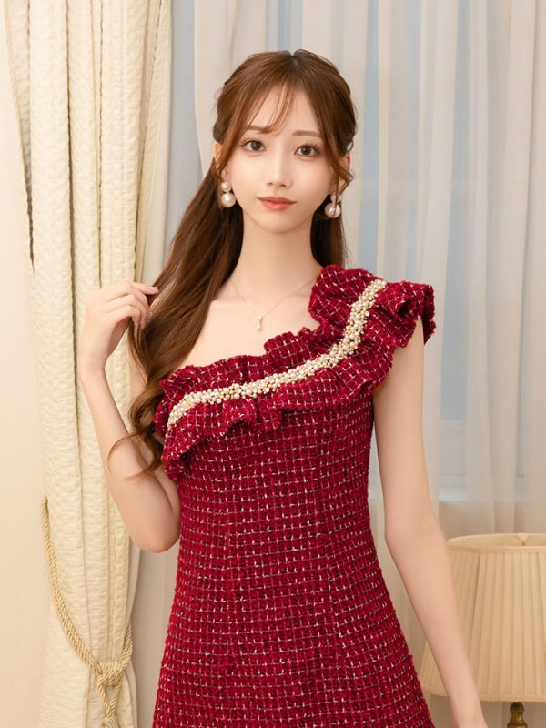 画像3: XSサイズあり【ANGEL R/エンジェルアール】ワンショル/ パール/ チェックツイード/ フリル/ Aライン/ フレア/ ミニドレス/ キャバドレス[OF2] (3)