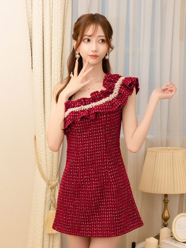 画像5: XSサイズあり【ANGEL R/エンジェルアール】ワンショル/ パール/ チェックツイード/ フリル/ Aライン/ フレア/ ミニドレス/ キャバドレス[OF2] (5)