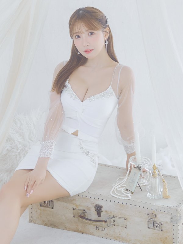 画像11: XSサイズあり【ANGEL R/エンジェルアール】バストクロスデザイン/ メッシュスリーブ/ ビジュー/ タイト/ セットアップ/ ミニドレス/ キャバドレス[OF2] (11)