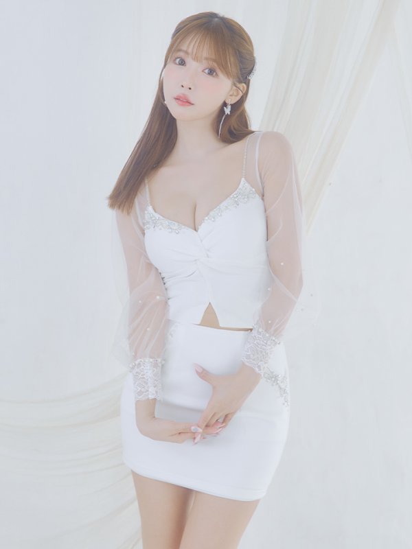 画像12: XSサイズあり【ANGEL R/エンジェルアール】バストクロスデザイン/ メッシュスリーブ/ ビジュー/ タイト/ セットアップ/ ミニドレス/ キャバドレス[OF2] (12)