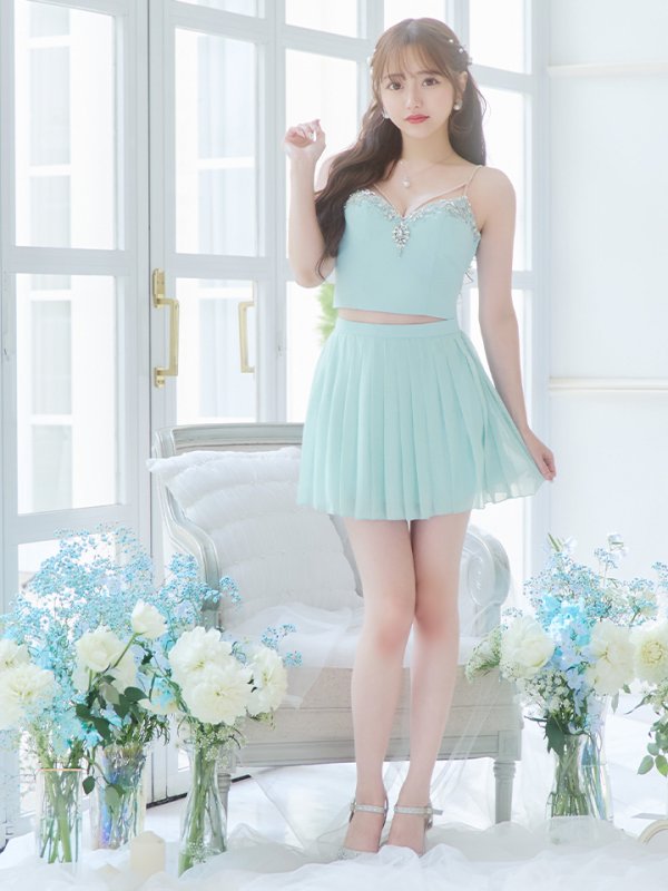 画像8: XSサイズあり【ANGEL R/エンジェルアール】バストストーンビジュー/ セパレート/ キャミソール/ セットアップ/ プリーツシフォンスカート/ フレア/ マイクロミニ/ ミニドレス/ キャバドレス[OF2] (8)