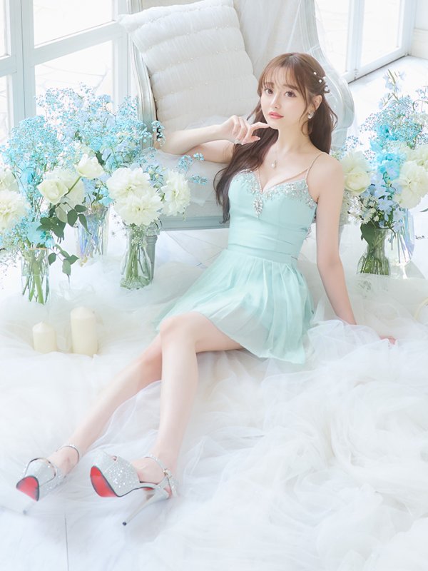 画像9: XSサイズあり【ANGEL R/エンジェルアール】バストストーンビジュー/ セパレート/ キャミソール/ セットアップ/ プリーツシフォンスカート/ フレア/ マイクロミニ/ ミニドレス/ キャバドレス[OF2] (9)