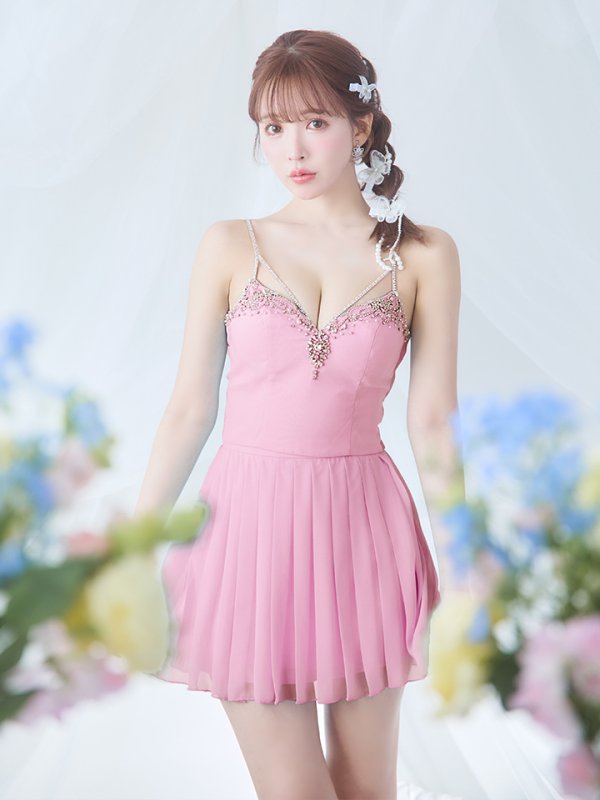 画像2: XSサイズあり【ANGEL R/エンジェルアール】バストストーンビジュー/ セパレート/ キャミソール/ セットアップ/ プリーツシフォンスカート/ フレア/ マイクロミニ/ ミニドレス/ キャバドレス[OF2] (2)