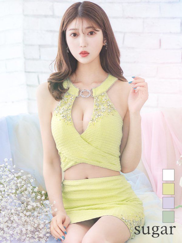 XSサイズあり【Angel R/エンジェルアール】デコルテビジュー/ リング/ アンイーブンファブリック/ セパレート/ マイクロミニ/ タイト/ ミニドレス/ キャバドレス イエロー