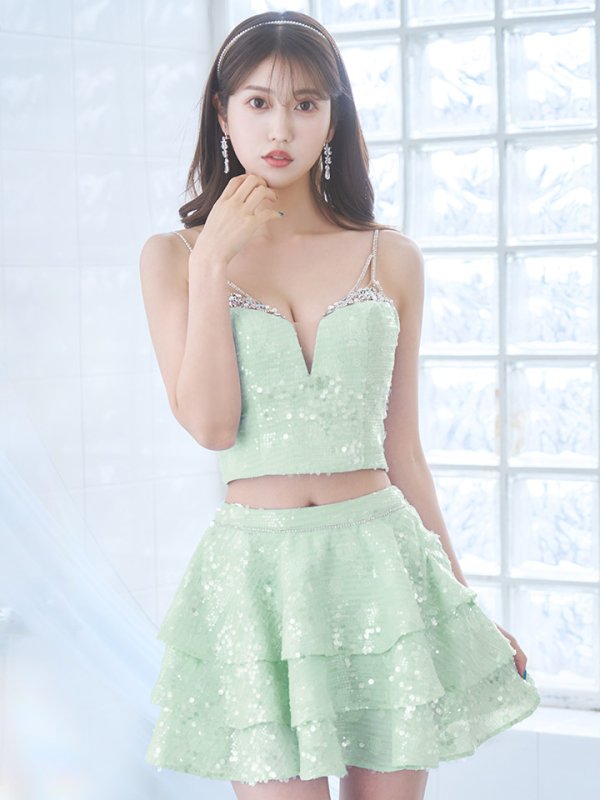 画像20: XSサイズあり【ANGEL R/エンジェルアール】セットアップ/ バストビジュー/ スパンコール/ ファブリックフリル/ フレア/ マイクロミニドレス/ キャバドレス[OF2] (20)