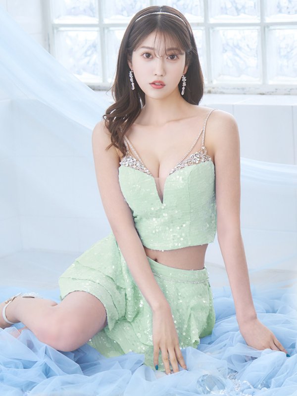 画像21: XSサイズあり【ANGEL R/エンジェルアール】セットアップ/ バストビジュー/ スパンコール/ ファブリックフリル/ フレア/ マイクロミニドレス/ キャバドレス[OF2] (21)