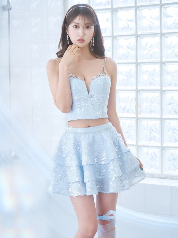 画像11: XSサイズあり【ANGEL R/エンジェルアール】セットアップ/ バストビジュー/ スパンコール/ ファブリックフリル/ フレア/ マイクロミニドレス/ キャバドレス[OF2] (11)