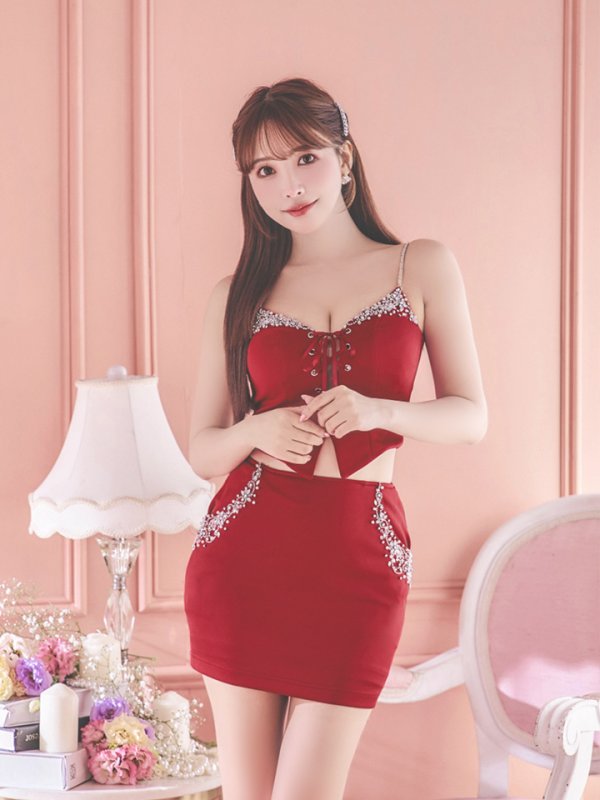 画像3: XSサイズあり【ANGEL R/エンジェルアール】バストポケットビジュー/ レースアップ/ キャミソール/ セパレート/ マイクロミニ/ タイト/ ミニドレス/ キャバドレス[OF2] (3)