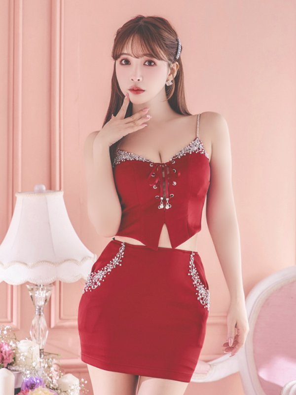 画像5: XSサイズあり【ANGEL R/エンジェルアール】バストポケットビジュー/ レースアップ/ キャミソール/ セパレート/ マイクロミニ/ タイト/ ミニドレス/ キャバドレス[OF2] (5)