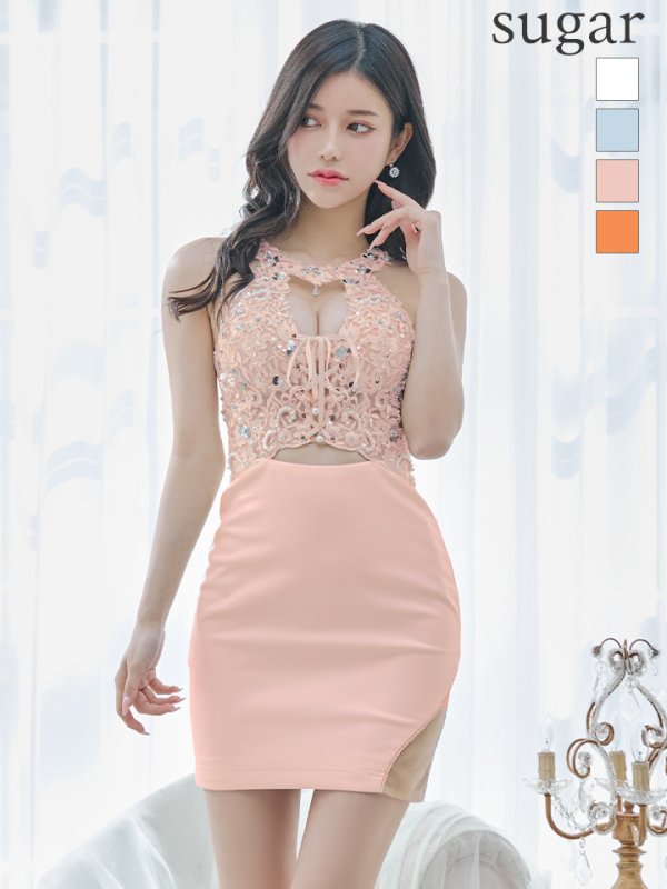 XSサイズあり【Angel R/エンジェルアール】フラワーレース/ バストレースアップ/ パールビジュー/ ワンカラー/ タイト/ ミニドレス/ キャバドレス ピンク