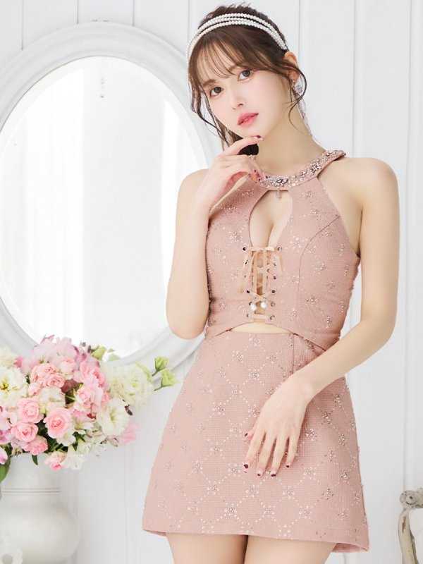 画像3: XSサイズあり【ANGEL R/エンジェルアール】デコルテ/ ビジュー/ チャーム/ クロスファブリック/ フレア/ マイクロミニドレス/ キャバドレス[OF2] (3)