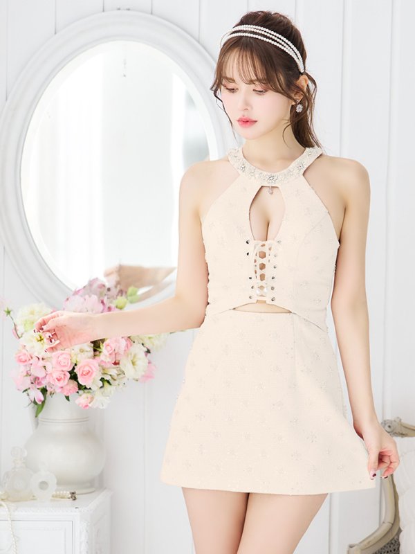 画像20: XSサイズあり【ANGEL R/エンジェルアール】デコルテ/ ビジュー/ チャーム/ クロスファブリック/ フレア/ マイクロミニドレス/ キャバドレス[OF2] (20)