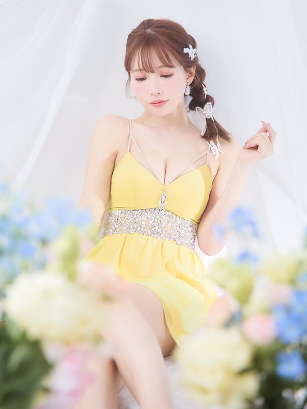 画像15: XSサイズあり【ANGEL R/エンジェルアール】ウエストパール/ ビジュー/ キャミソール/ シフォン/ フレア/ ミニドレス/ キャバドレス[OF2] (15)