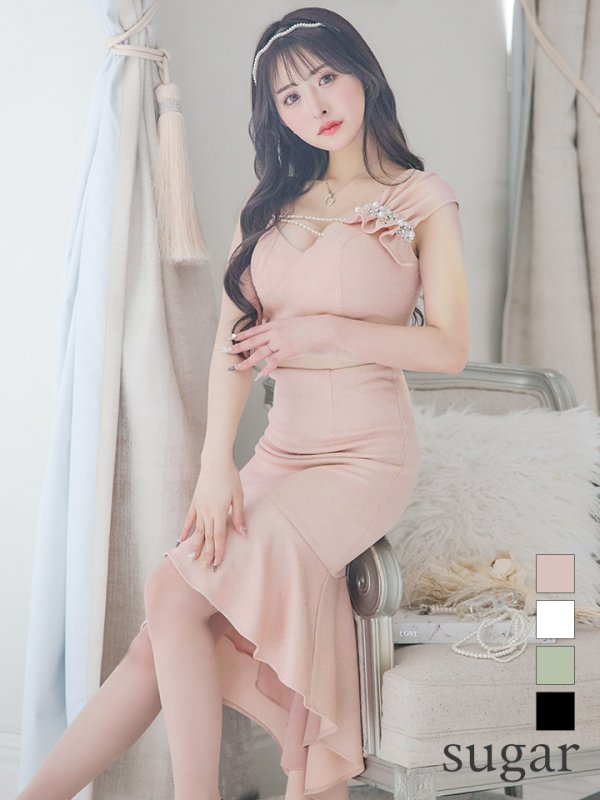 画像1: XSサイズあり【ANGEL R/エンジェルアール】アシンメトリーショルダー/ パールビジュー/ セパレート/ マーメイド/ ラメ/ ミディアムドレス/ キャバドレス[OF2] (1)