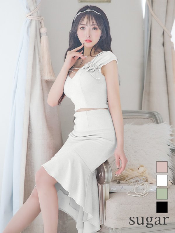 画像1: XSサイズあり【ANGEL R/エンジェルアール】アシンメトリーショルダー/ パールビジュー/ セパレート/ マーメイド/ ラメ/ ミディアムドレス/ キャバドレス[OF2] (1)