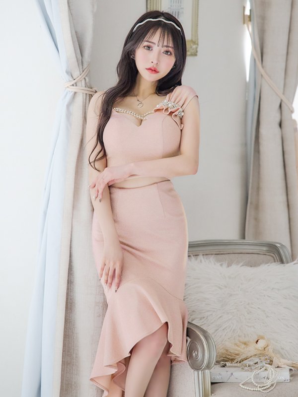 画像8: XSサイズあり【ANGEL R/エンジェルアール】アシンメトリーショルダー/ パールビジュー/ セパレート/ マーメイド/ ラメ/ ミディアムドレス/ キャバドレス[OF2] (8)