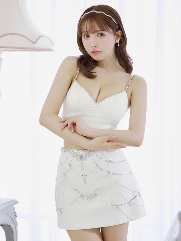 画像4: XSサイズあり【ANGEL R/エンジェルアール】デザインビジュー/ セパレート/ ツイード/ フレア/ マイクロミニ/ ミニドレス/ キャバドレス[OF2] (4)