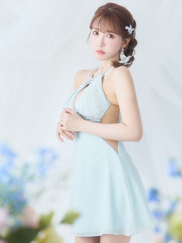 画像2: XSサイズあり【ANGEL R/エンジェルアール】アメスリ/ デコルテビジュー/ カットアウト/ シアー/ フレア/ ミニドレス/ キャバドレス[OF2] (2)