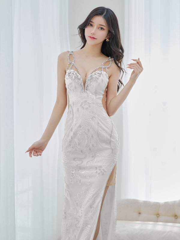 画像2: 【ANGEL R/エンジェルアール】スパンコール/ フラワービジュー/ Vカットメッシュ/ キャミソール/ スリット/ タイト/ ロングドレス/ キャバドレス long[OF2] (2)